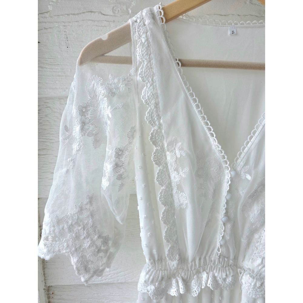 NEW Boho White Swiss Dot Lace Maxi Dress Beth Dutton Yellowstone Westerncore M - Picture 4 of 8